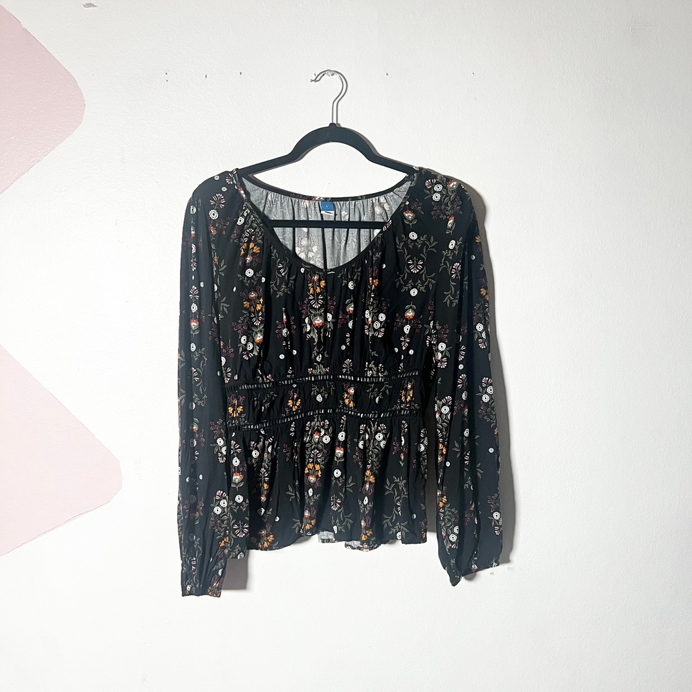 Old Navy Puff Sleeve Top Large Black Floral Babydoll Long Sleeve Cottage